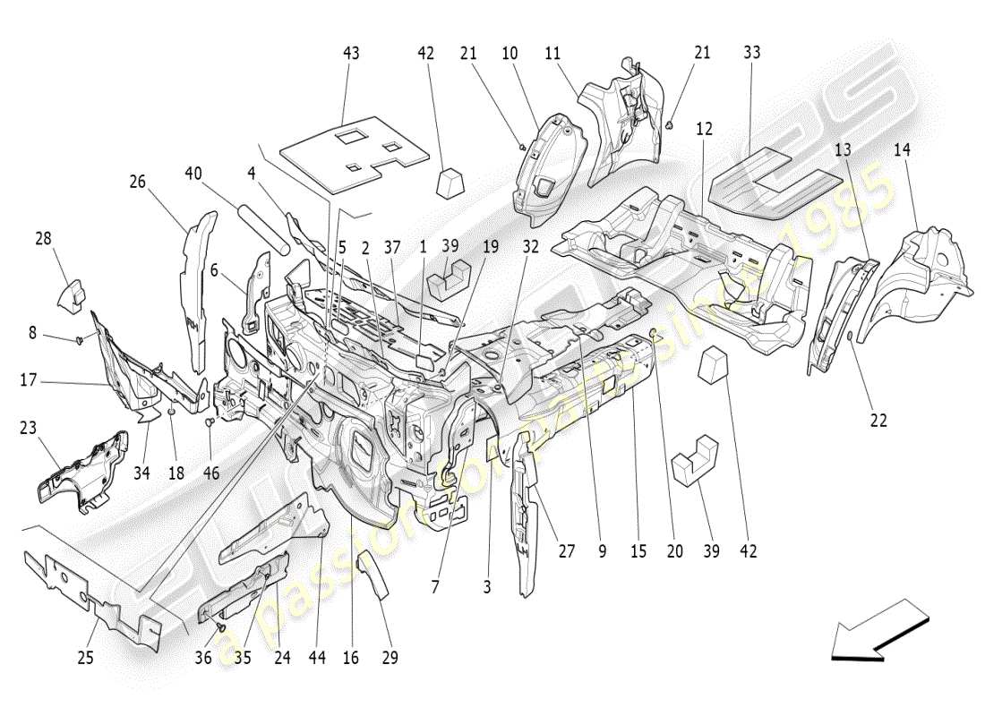 maserati ghibli (2019) pannelli insonorizzati all'interno del diagramma delle parti del veicolo
