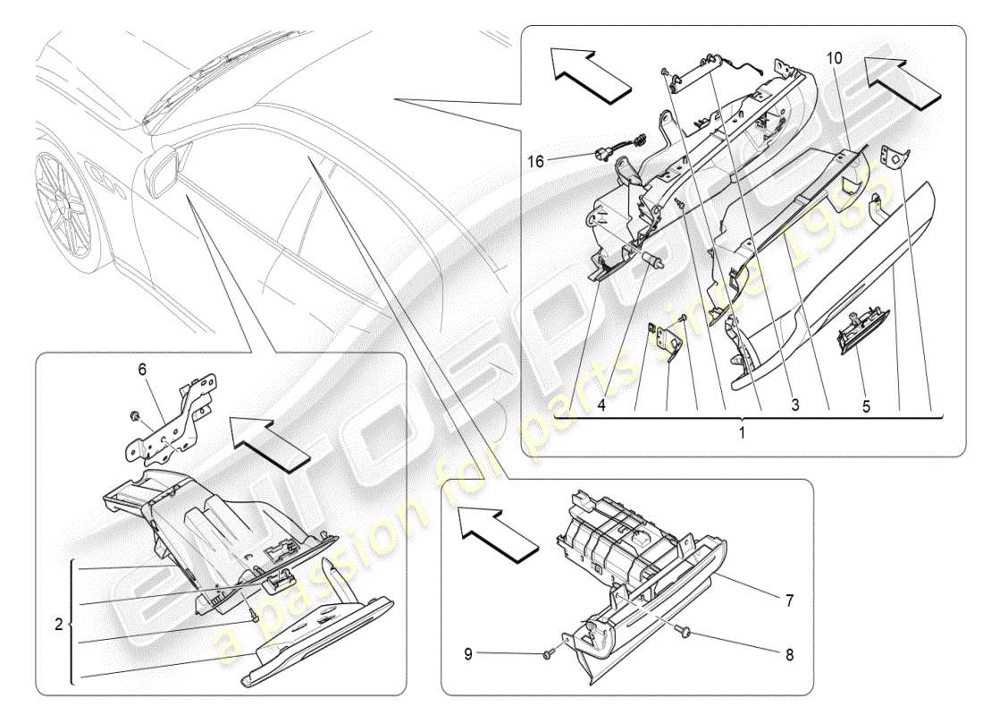 maserati ghibli (2019) diagramma delle parti dei vani portaoggetti