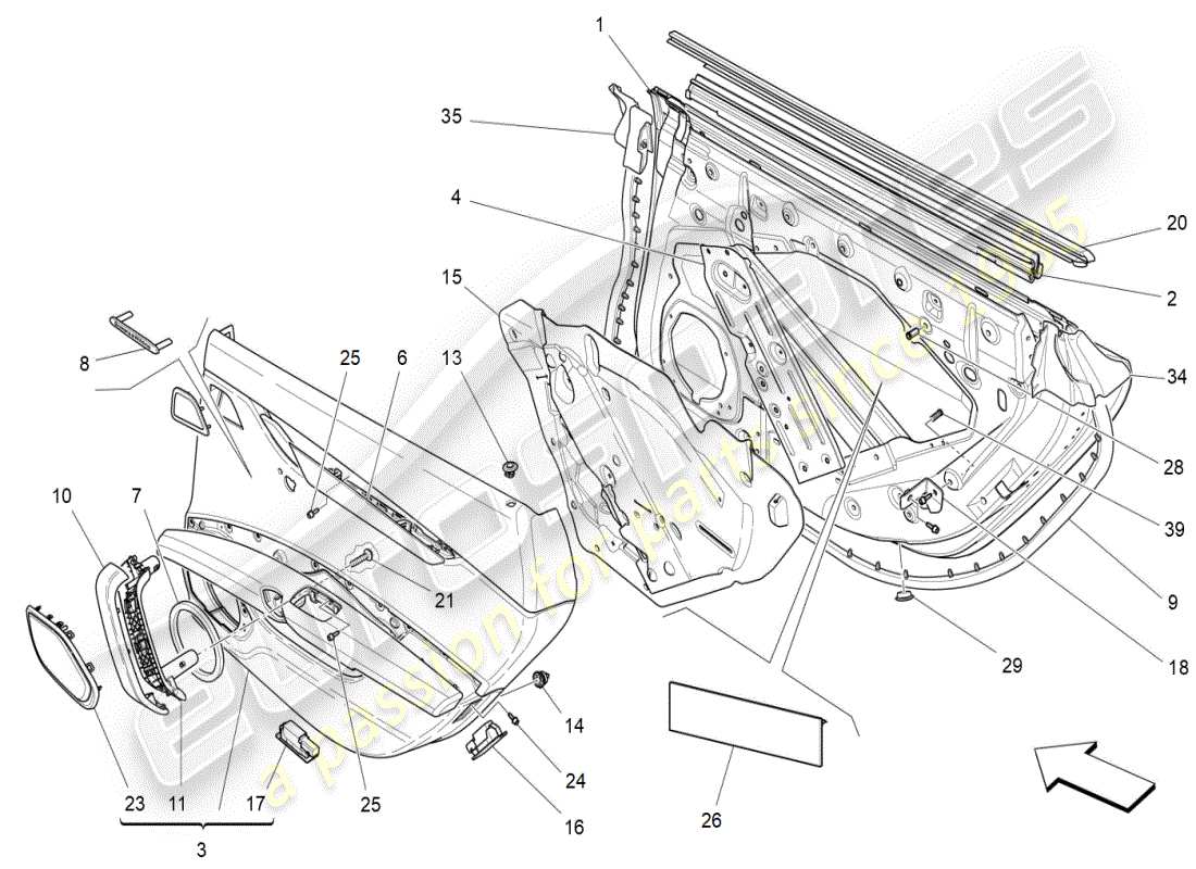 maserati ghibli (2019) porte posteriori: pannelli di rivestimento schema delle parti
