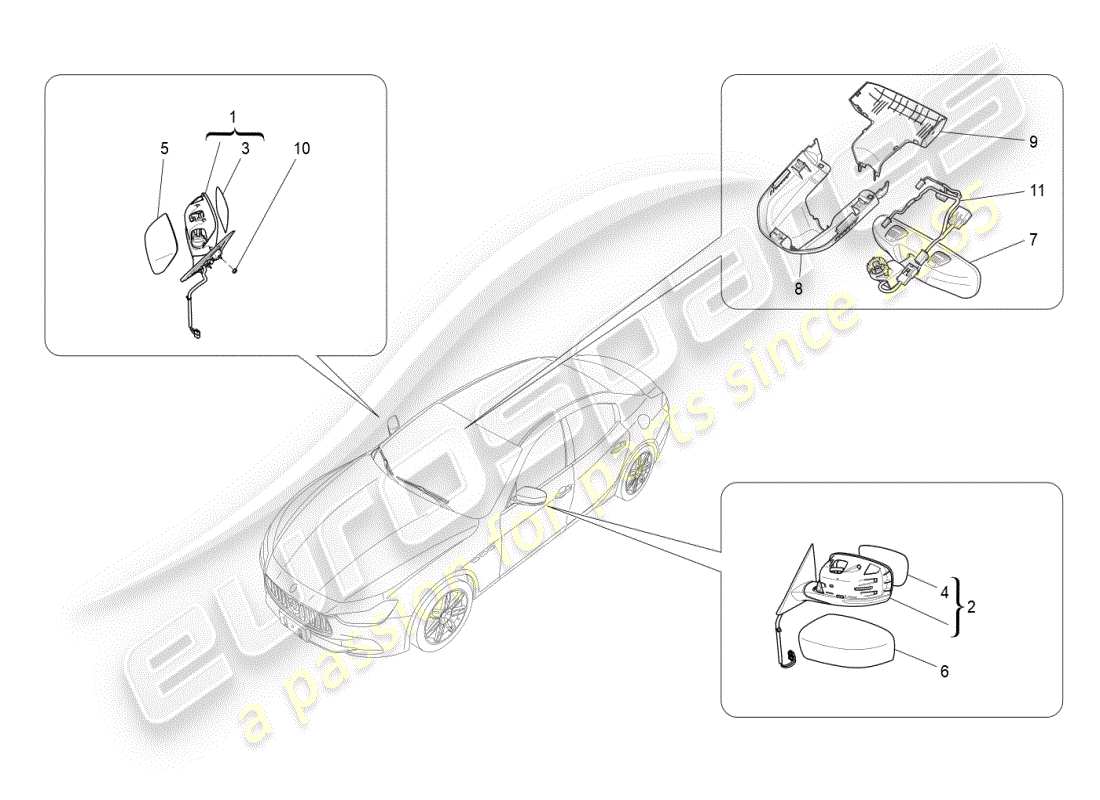 maserati ghibli (2019) schema delle parti degli specchietti retrovisori interni ed esterni