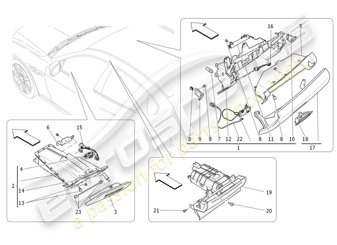maserati quattroporte (2018) diagramma delle parti dei vani portaoggetti