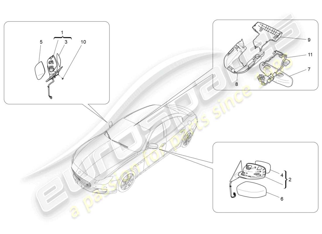 maserati quattroporte (2018) schema delle parti degli specchietti retrovisori interni ed esterni