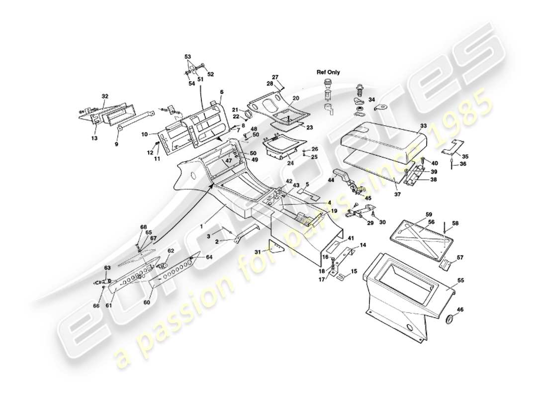 aston martin v8 coupe (1999) console centrale e diagramma delle parti di rivestimento