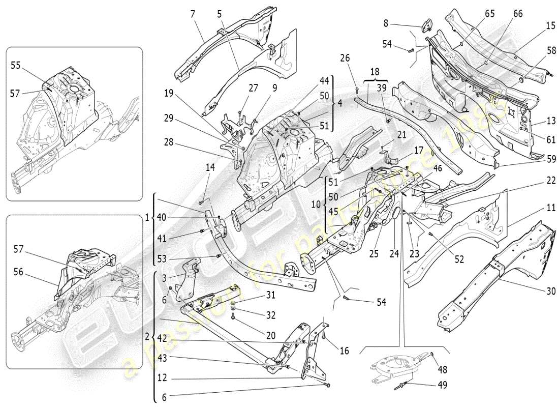 maserati ghibli (2019) schema delle parti dei telai strutturali anteriori e dei pannelli in lamiera
