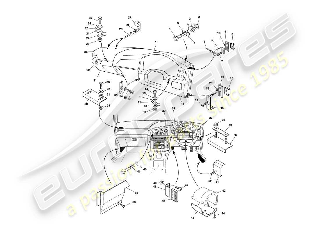 aston martin v8 coupe (2000) diagramma delle parti di fascia e rivestimento