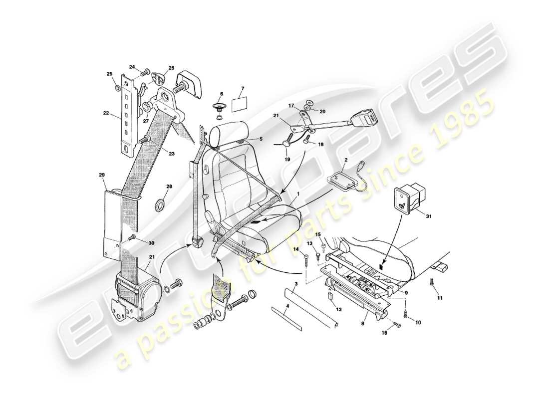 aston martin v8 coupe (2000) sedili anteriori e cinture secondo vin v79079 escluso v79074 diagramma delle parti