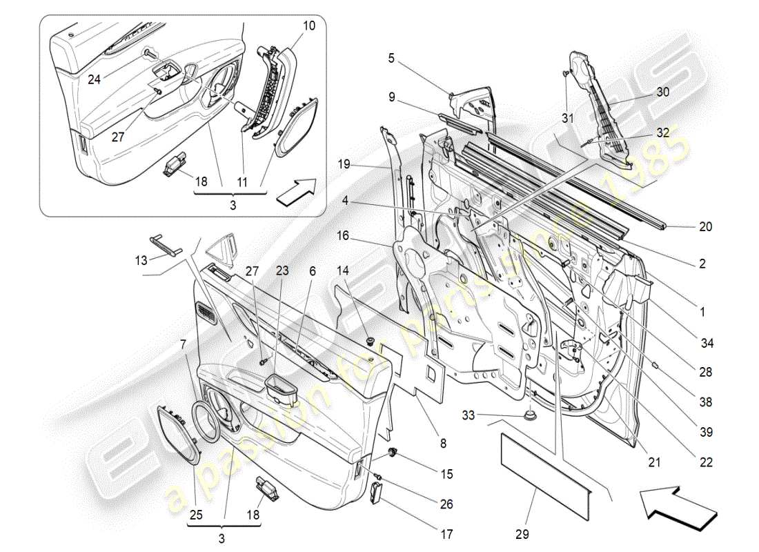 maserati ghibli (2019) porte anteriori: diagramma delle parti dei pannelli di rivestimento