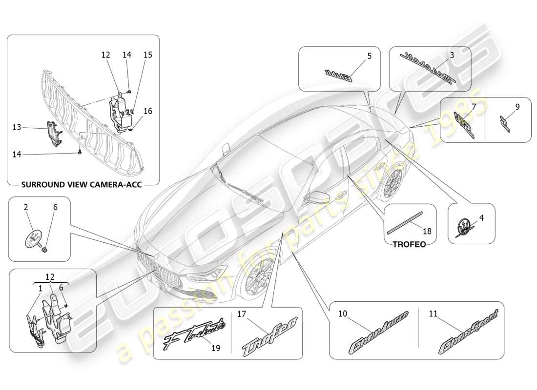 maserati ghibli (2018) diagramma delle parti di finiture, marchi e simboli