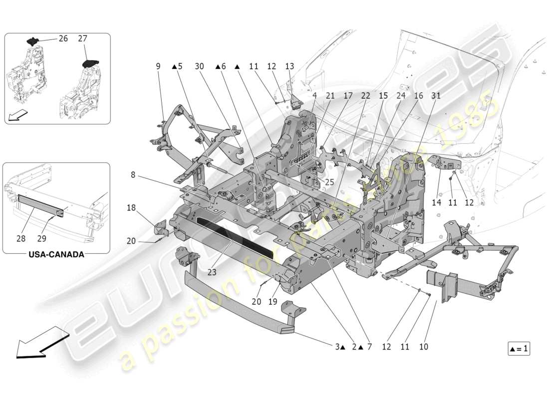 maserati mc20 cielo (2023) diagramma delle parti del telaio anteriore