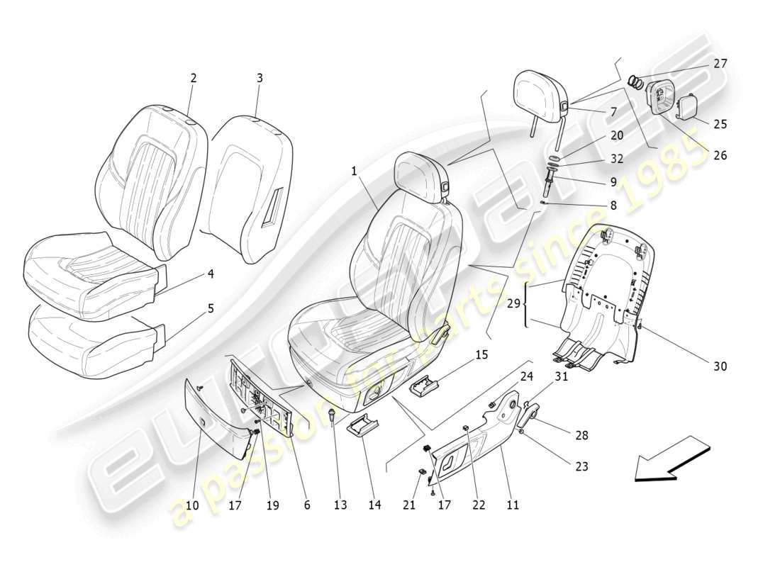 maserati levante modena s (2022) sedili anteriori: schema delle parti dei pannelli di rivestimento