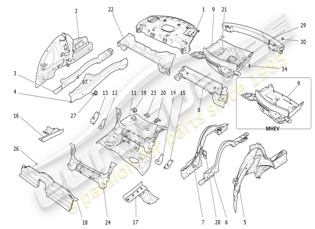 maserati ghibli (2019) schema delle parti dei telai strutturali posteriori e dei pannelli in lamiera