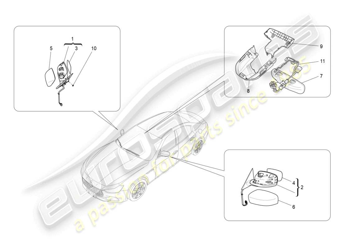 maserati ghibli (2018) schema delle parti degli specchietti retrovisori interni ed esterni