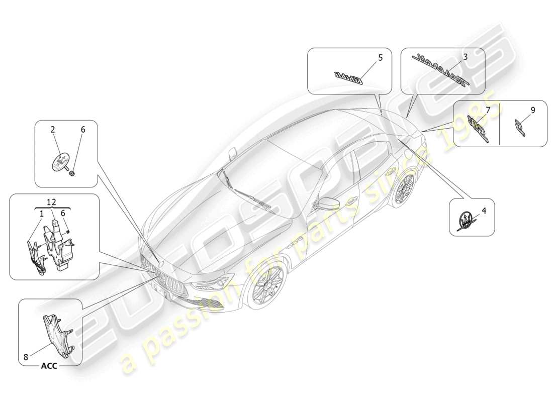 maserati ghibli (2017) diagramma delle parti di finiture, marchi e simboli