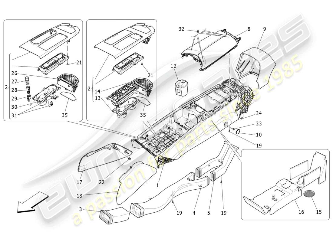 maserati ghibli (2017) schema delle parti della console accessoria e della console centrale
