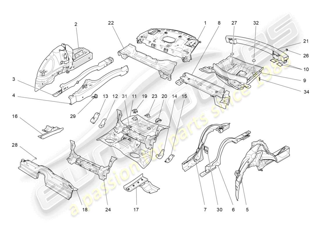 maserati quattroporte (2018) schema delle parti dei telai strutturali posteriori e dei pannelli in lamiera