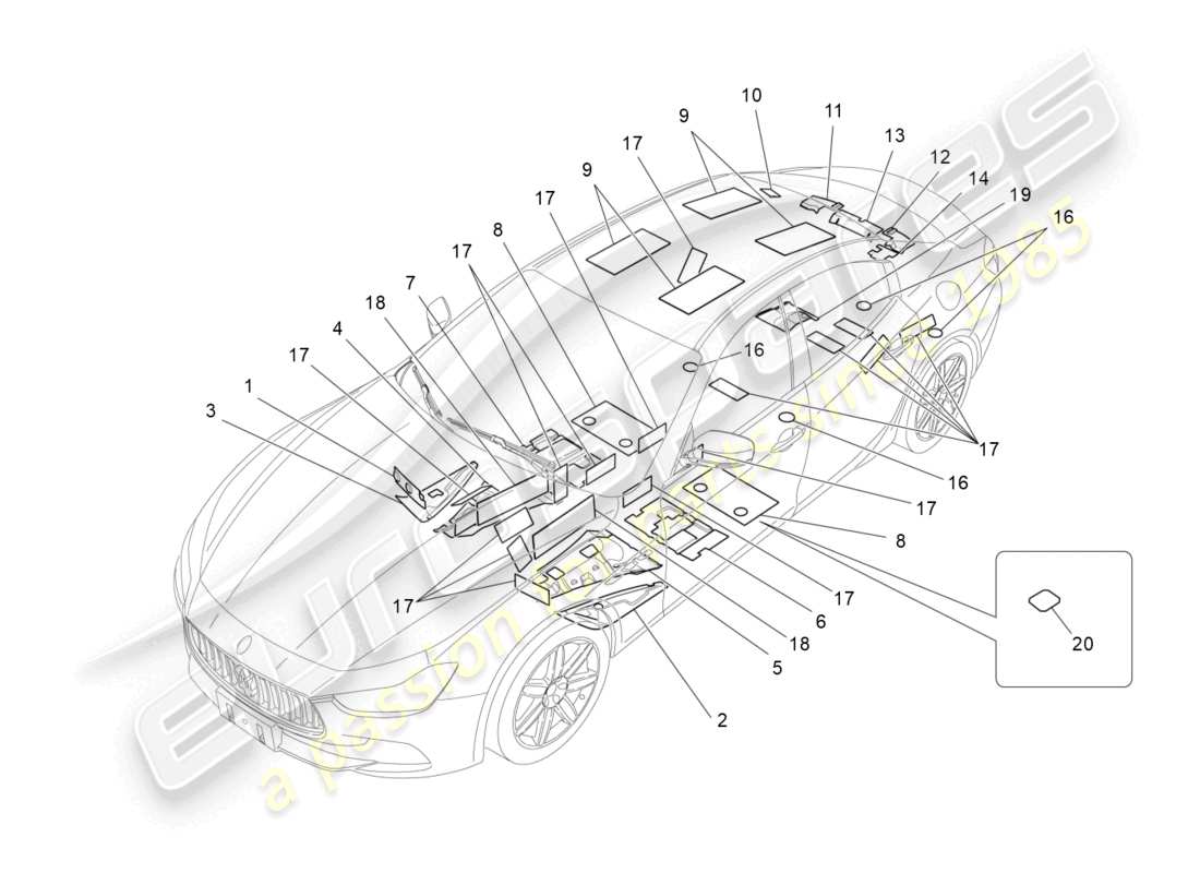maserati ghibli (2014) pannelli insonorizzati all'interno del diagramma delle parti del veicolo
