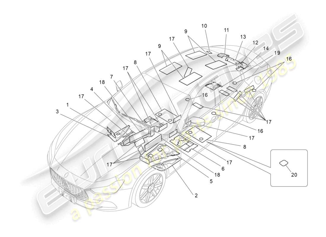 maserati ghibli (2017) pannelli insonorizzati all'interno del diagramma delle parti del veicolo
