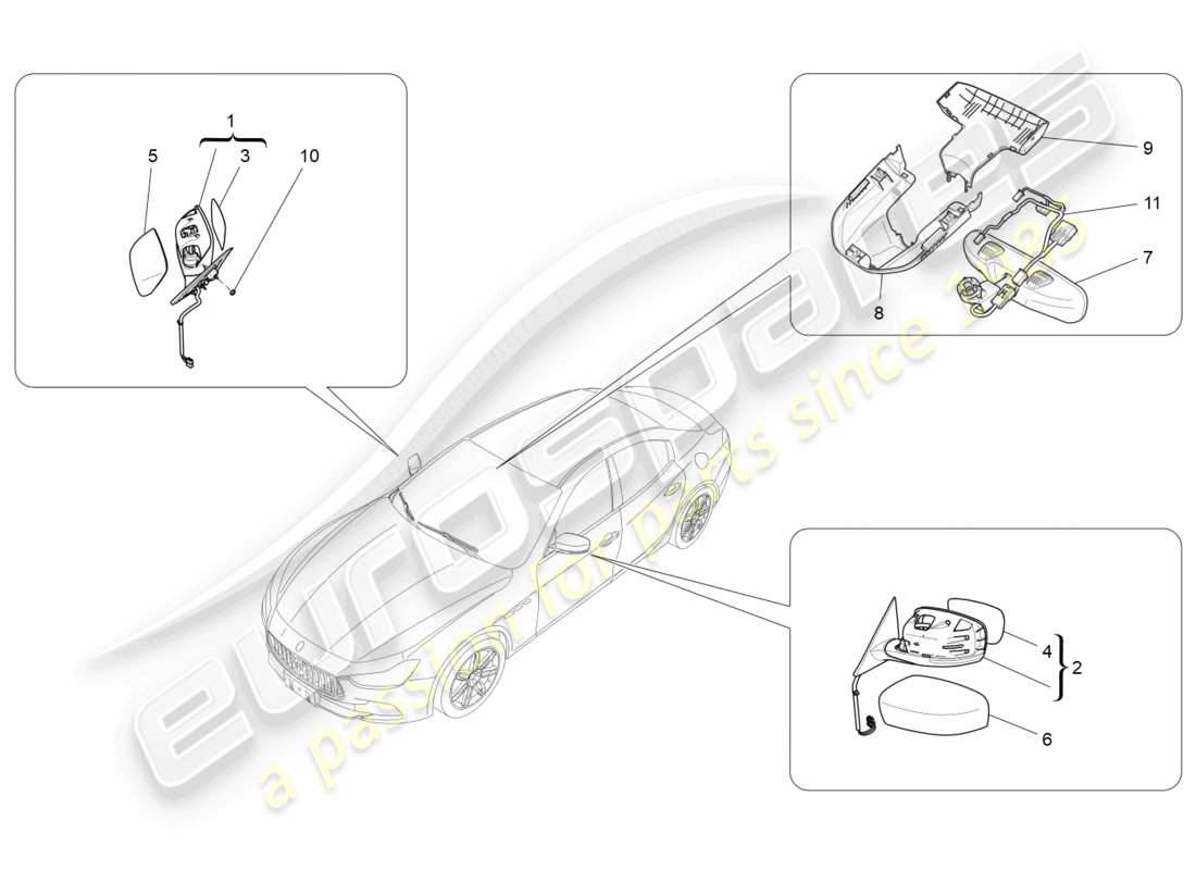 maserati ghibli (2017) schema delle parti degli specchietti retrovisori interni ed esterni