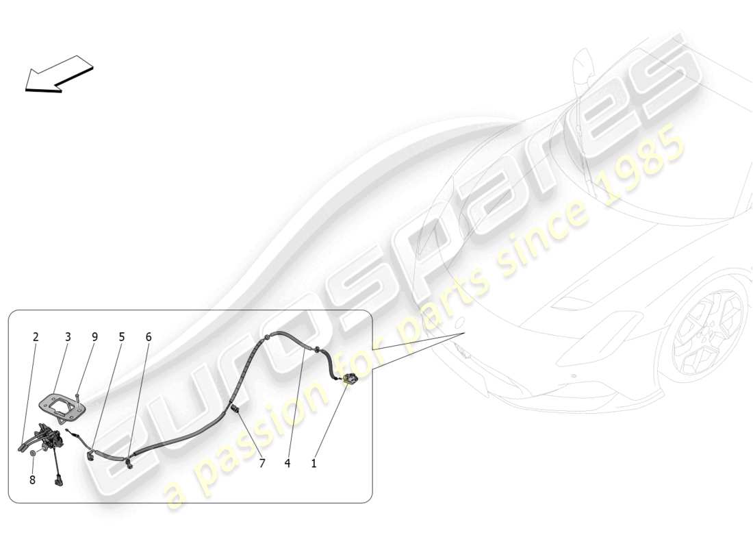 maserati mc20 (2023) diagramma delle parti del pulsante di apertura del coperchio anteriore