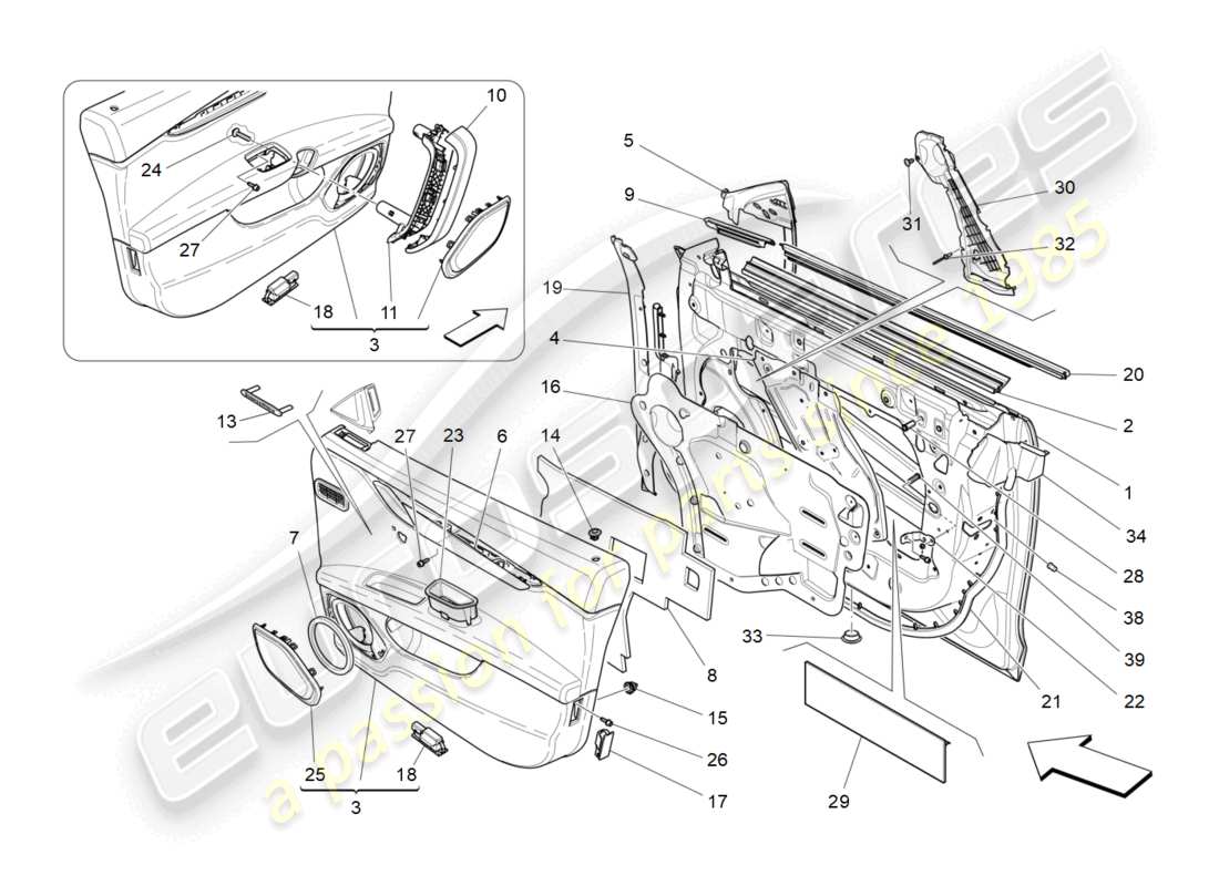 maserati ghibli (2018) porte anteriori: diagramma delle parti dei pannelli di rivestimento