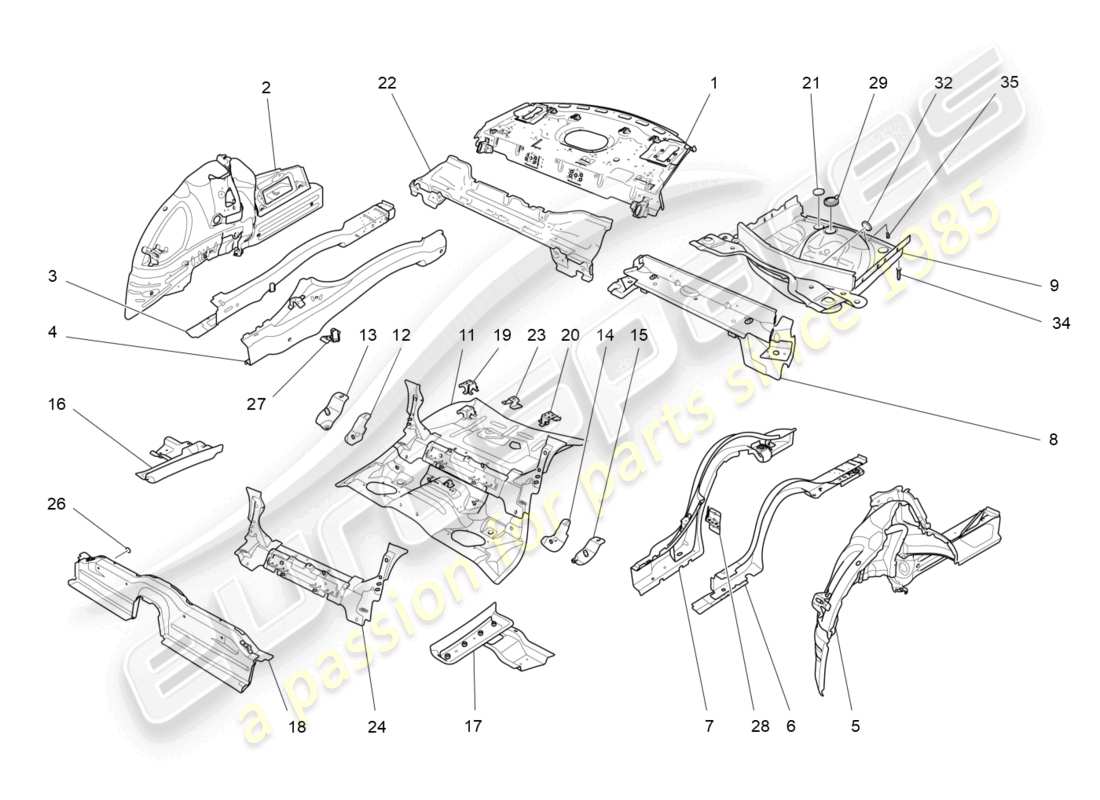 maserati ghibli (2017) schema delle parti dei telai strutturali posteriori e dei pannelli in lamiera