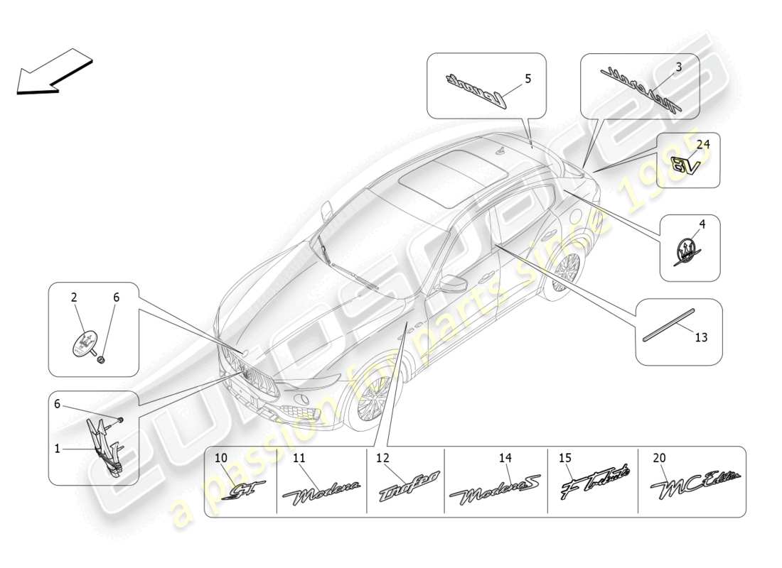 maserati levante modena s (2022) diagramma delle parti di finiture, marchi e simboli