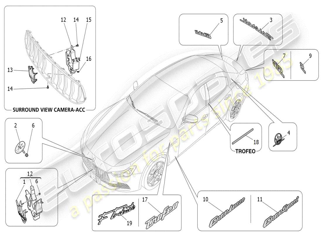 maserati ghibli (2019) diagramma delle parti di finiture, marchi e simboli