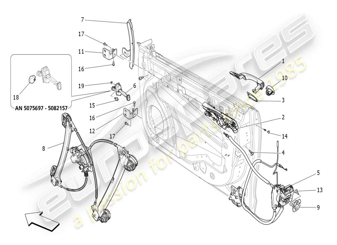 maserati ghibli (2019) porte anteriori: diagramma delle parti dei meccanismi