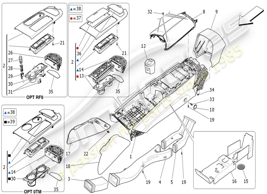 maserati ghibli (2019) schema delle parti della console accessoria e della console centrale