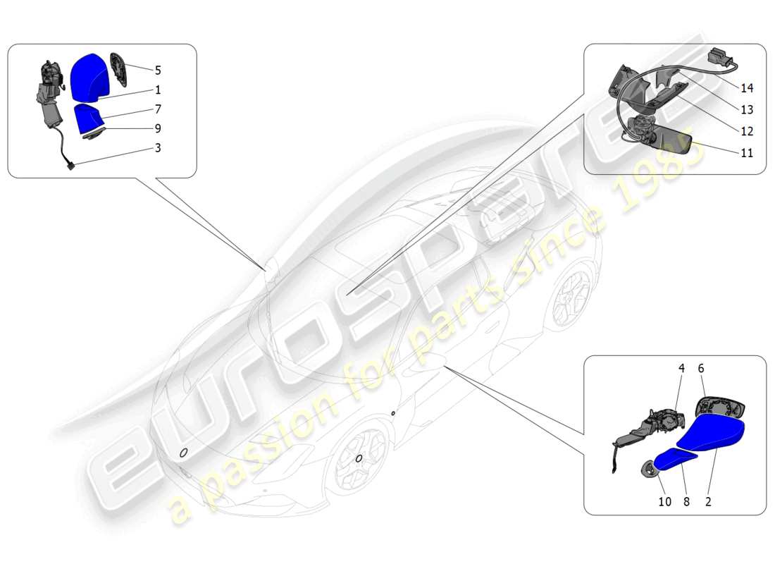 maserati mc20 (2023) schema delle parti degli specchietti retrovisori interni ed esterni