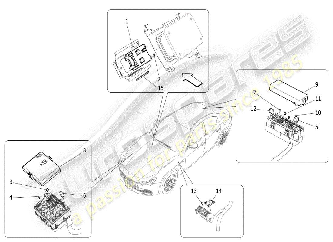 maserati ghibli (2019) schema delle parti di relè, fusibili e scatole