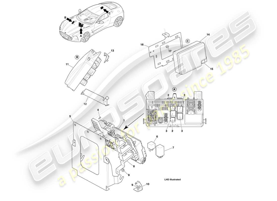 aston martin one-77 (2011) pannelli fusibili diagramma delle parti
