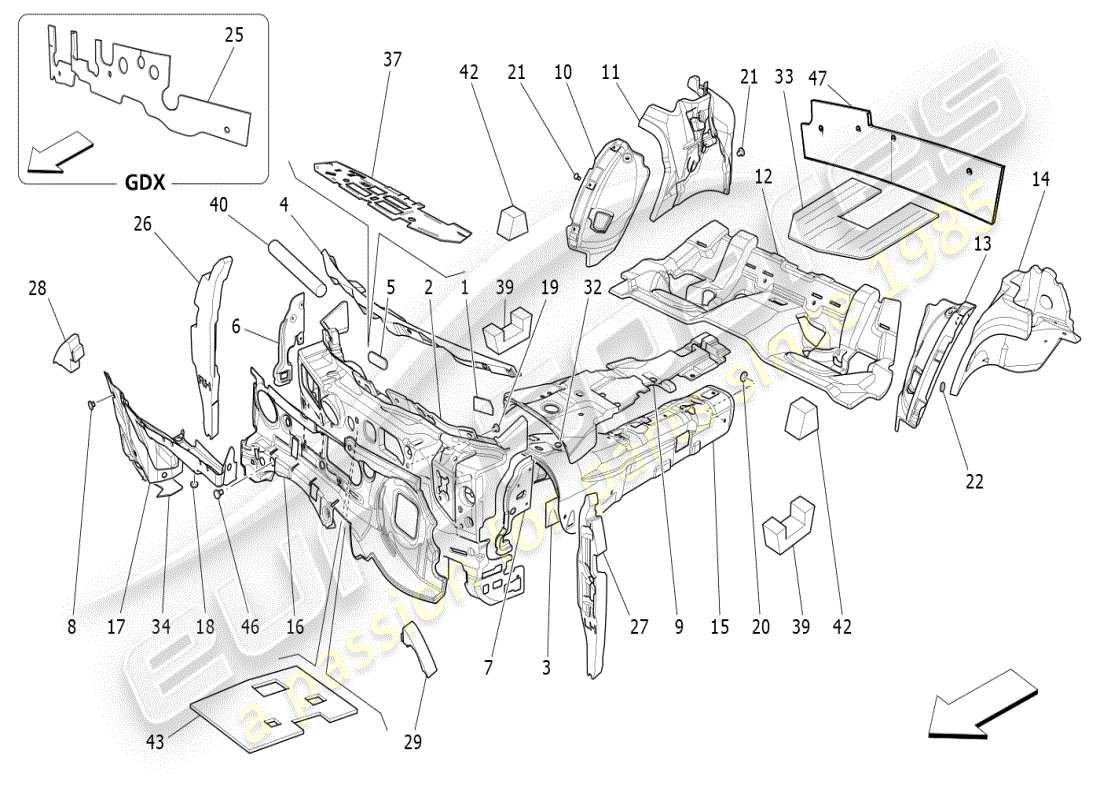 maserati ghibli (2019) pannelli insonorizzati all'interno del diagramma delle parti del veicolo