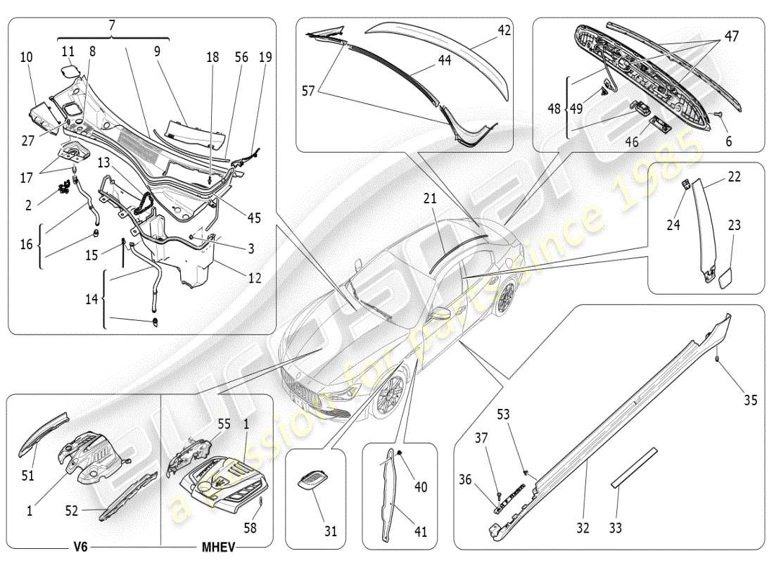 maserati ghibli (2019) schema delle parti di scudi, finiture e pannelli di copertura