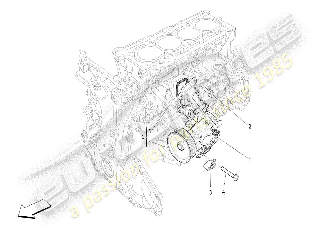 maserati ghibli (2021) sistema di raffreddamento: diagramma delle parti della pompa dell'acqua