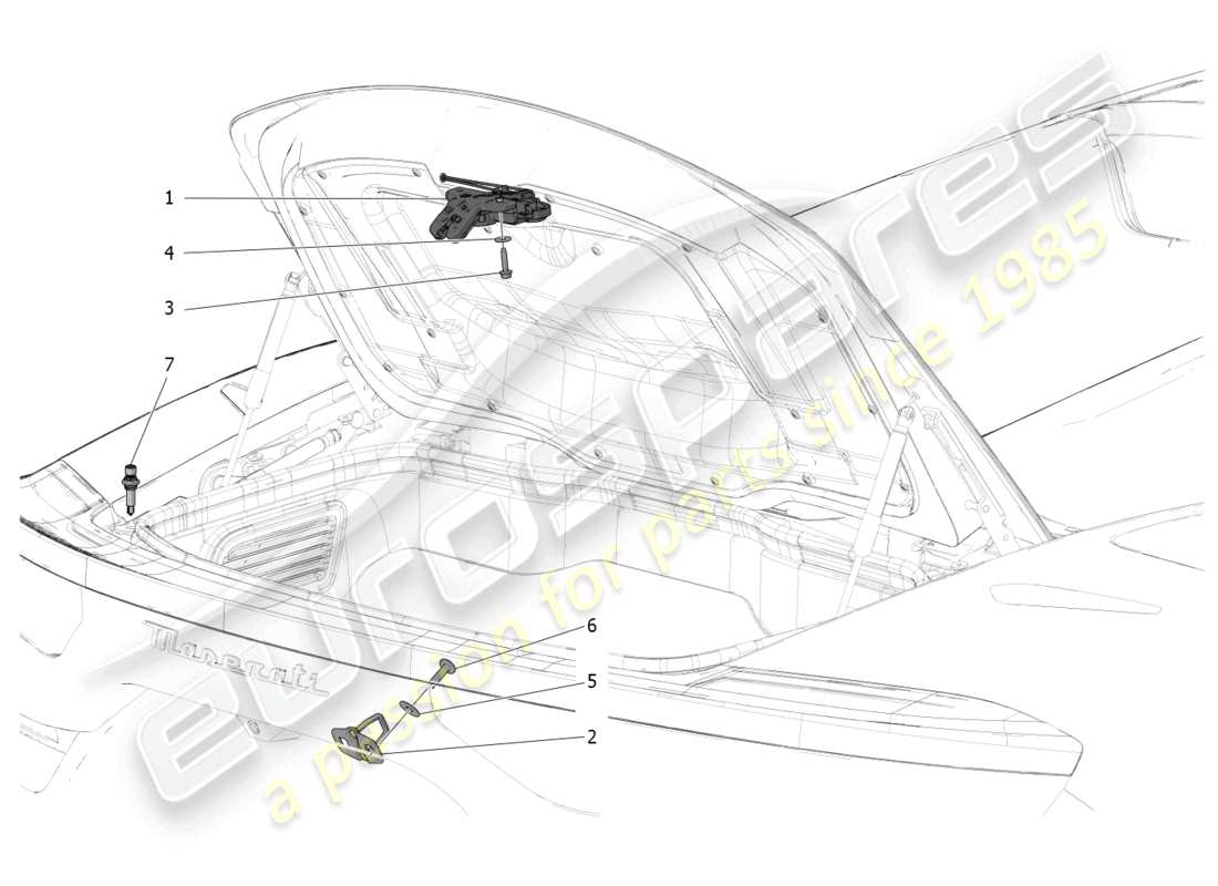 maserati mc20 cielo (2023) schema delle parti del controllo dell'apertura del cofano posteriore