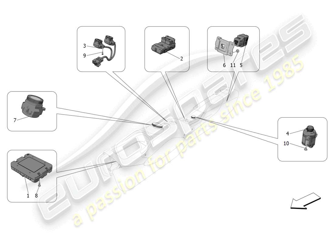 maserati mc20 (2023) diagramma delle parti dei dispositivi della console centrale
