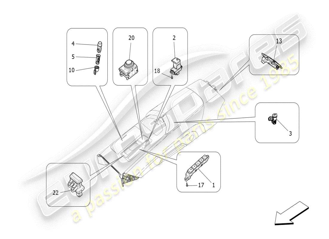 maserati ghibli (2019) diagramma delle parti dei dispositivi della console centrale