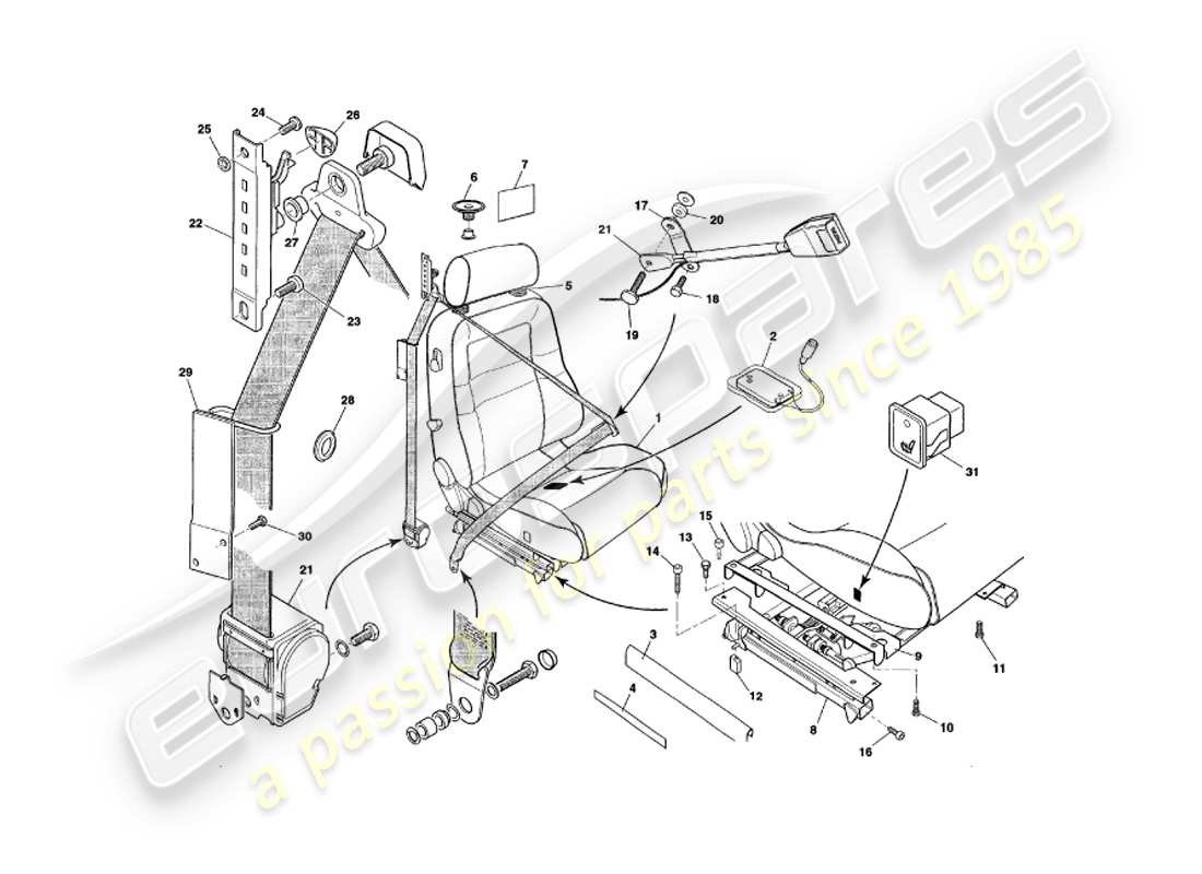 aston martin v8 coupe (1999) sedili anteriori e cinture secondo vin v79079 escluso v79074 diagramma delle parti