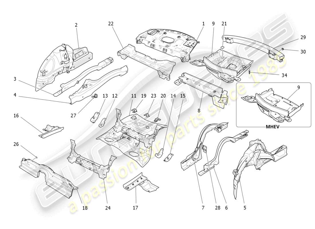 maserati ghibli (2017) schema delle parti dei telai strutturali posteriori e dei pannelli in lamiera