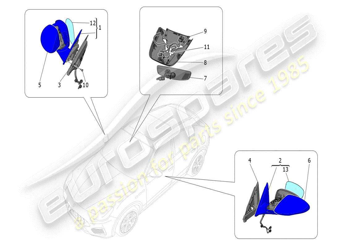 maserati grecale modena (2023) schema delle parti degli specchietti retrovisori interni ed esterni