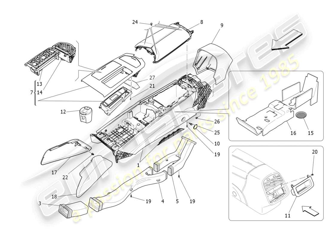 maserati quattroporte (2018) schema delle parti della console accessoria e della console centrale