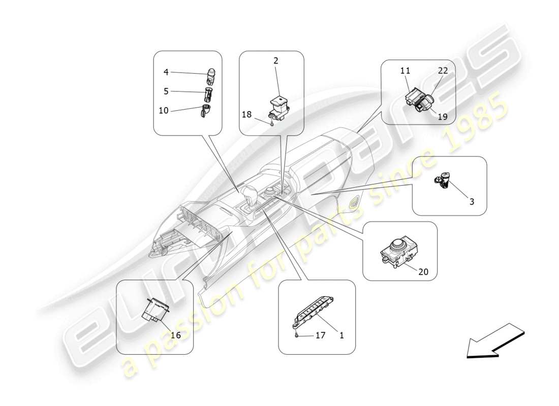 maserati levante (2020) dispositivi della console centrale diagramma delle parti