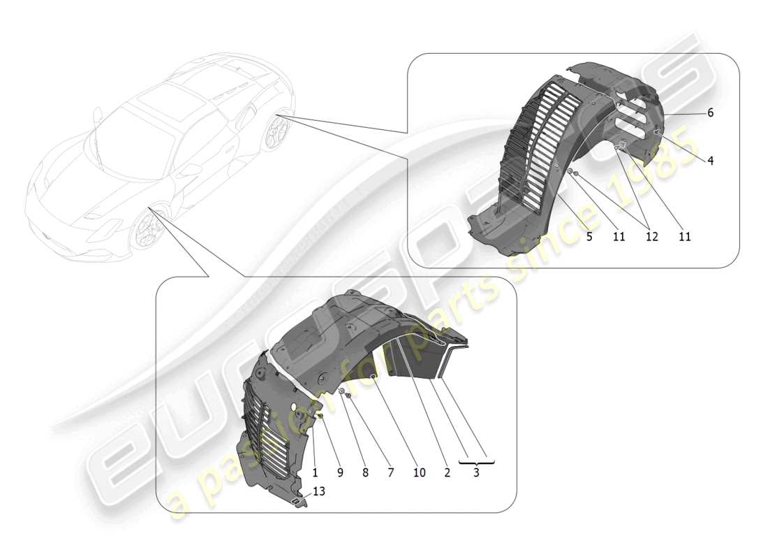 maserati mc20 cielo (2023) diagramma delle parti della timoneria e dei coperchi