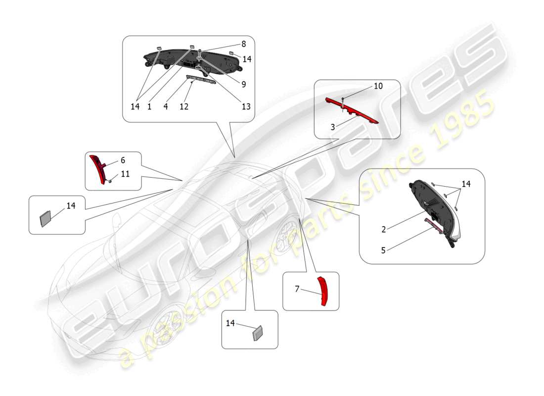 maserati mc20 cielo (2023) diagramma delle parti dei gruppi ottici posteriori