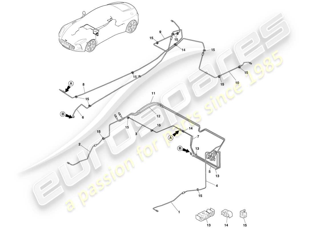 aston martin one-77 (2011) diagramma delle parti di tubazioni e tubi flessibili dei freni, guida a destra