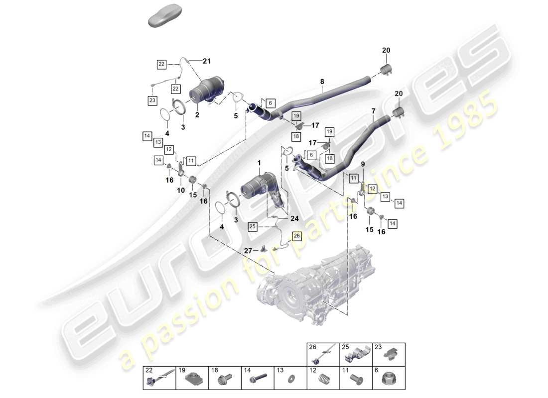 porsche 2026 (cayenne e3 pa) sistema di scarico tubo di scarico con catalizzatore tubo di scarico sonda lambda schema dei componenti