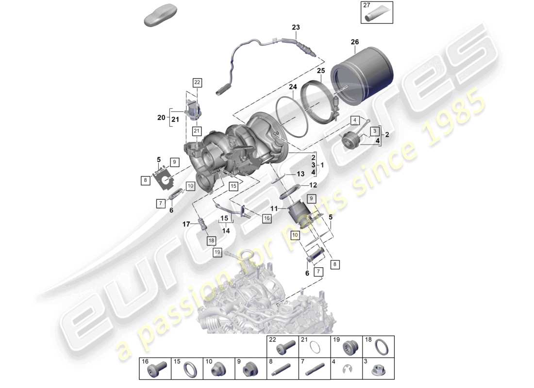 porsche 2023 (cayenne e3 pa) turbocompressore a gas di scarico collettori di scarico sonda lambda schema delle parti