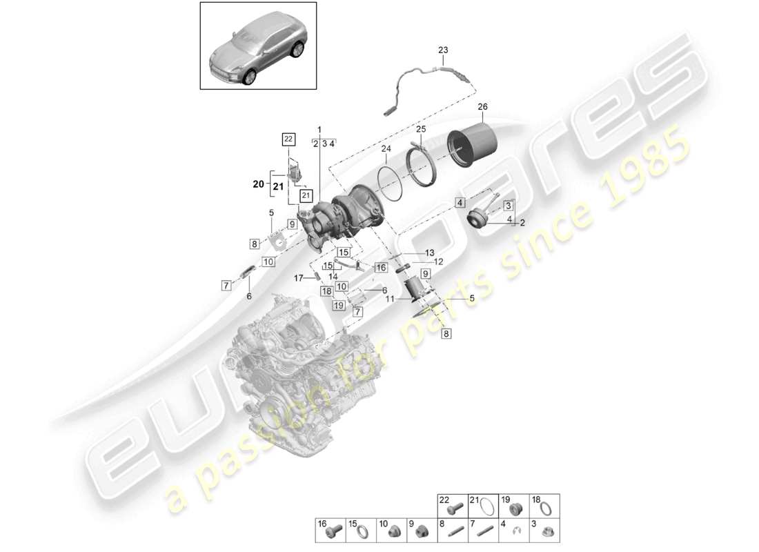 porsche 2021 (macan) turbocompressore a gas di scarico collettori di scarico sonda lambda diagramma delle parti
