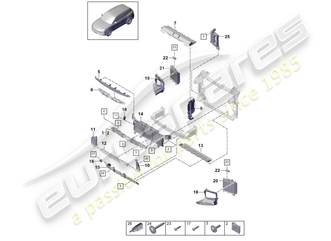 porsche 2022 (cayenne e3 9ya/9yb) schema delle parti della guida dell'aria anteriore e dell'alloggiamento multipiastra